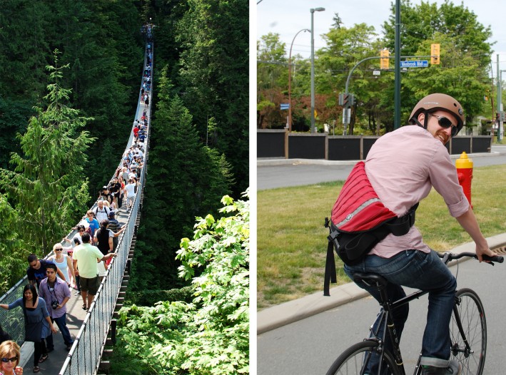 Capiloano suspension bridge and mike on a bike